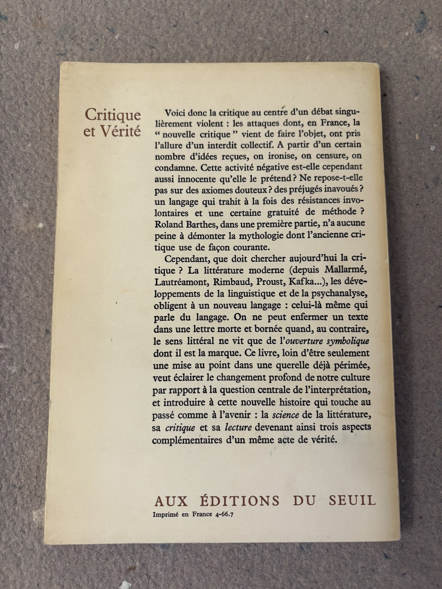 barthes, roland : critique et vérité